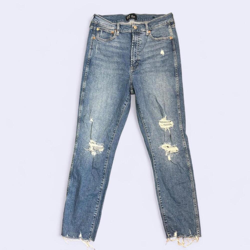 GAP Women’s 10/30‎ High Rise Vintage Slim Blue Denim Jeans Raw Hem Distressed